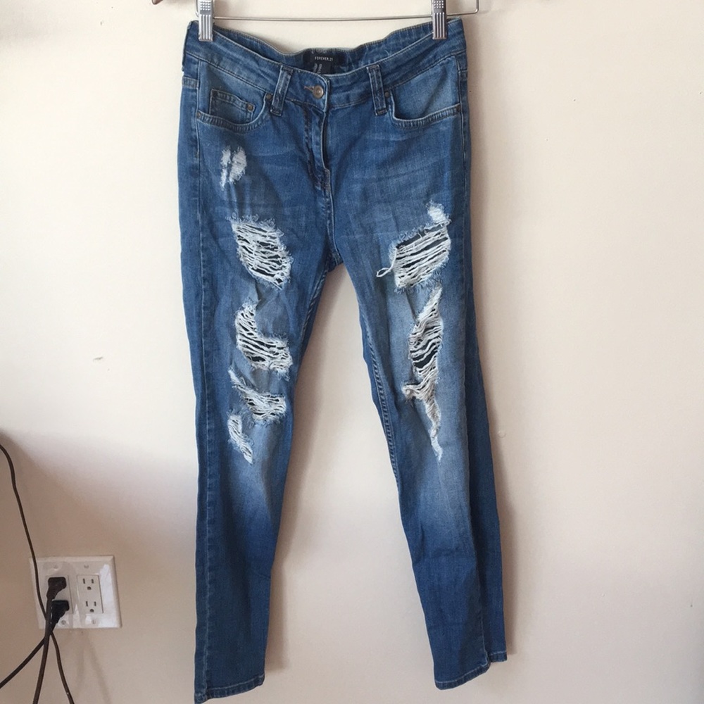Distressed denim jeans